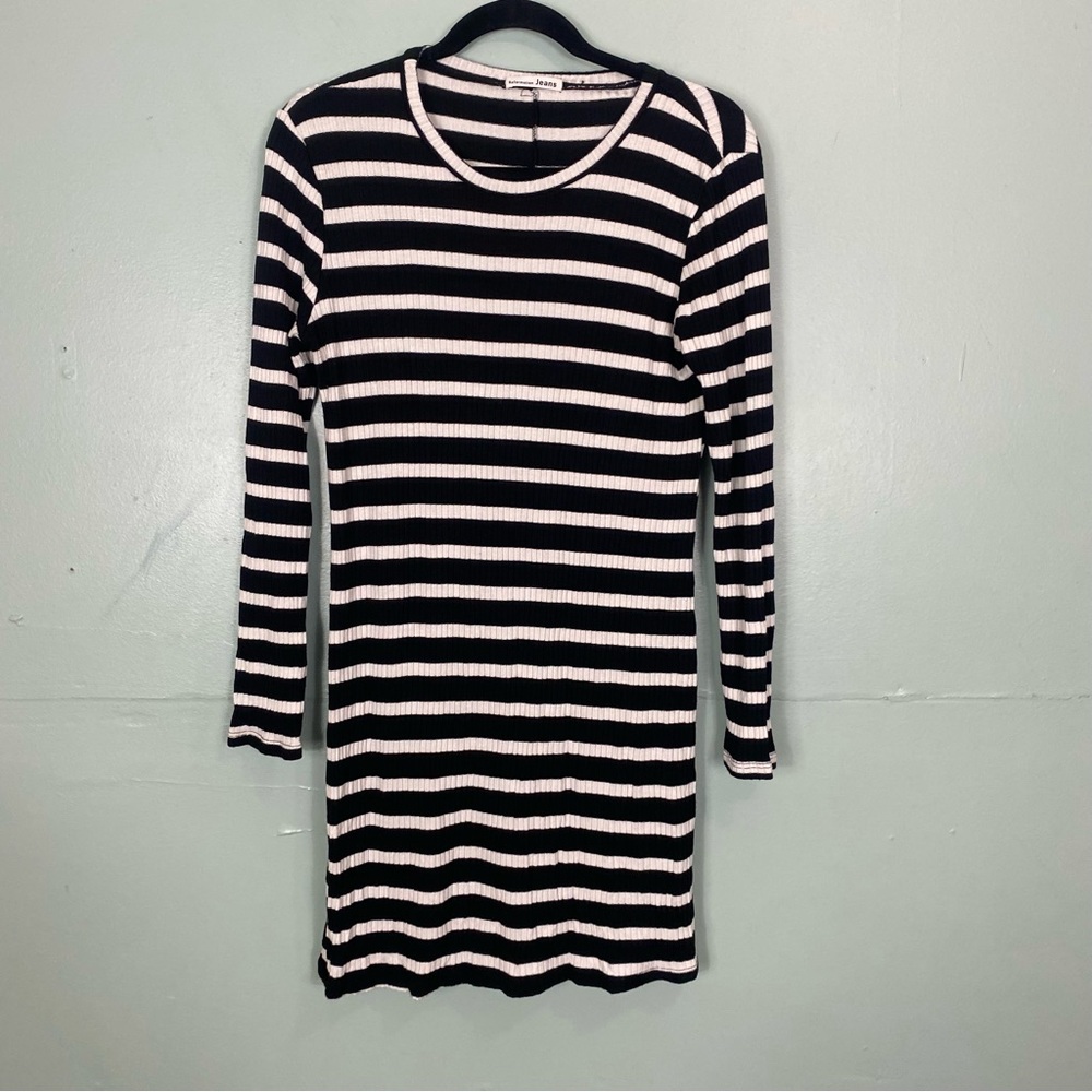 Reformation Jeanne Rib Striped‎ Long Sleeve Mini Dress Stretch XL Black White